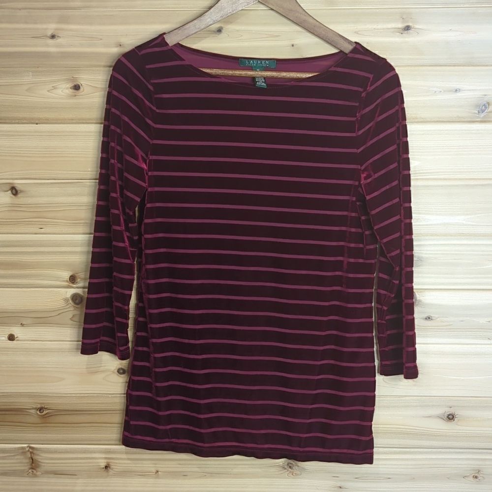 Lauren Ralph Lauren Womens Top Medium‎ Wine Velour Striped 3/4 Sleeves